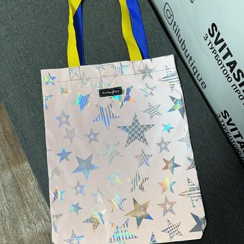 Svitashka reflective shopper bag with stars, yellow and blue handles on the button