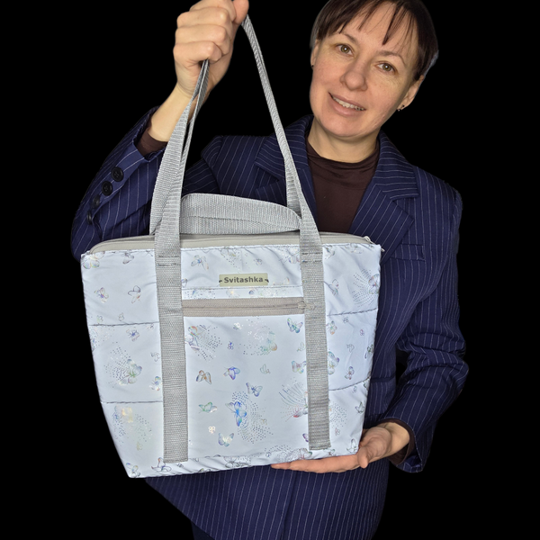 Svitashka reflective shopper bag "Butterfly" with gray handles and zippered pockets