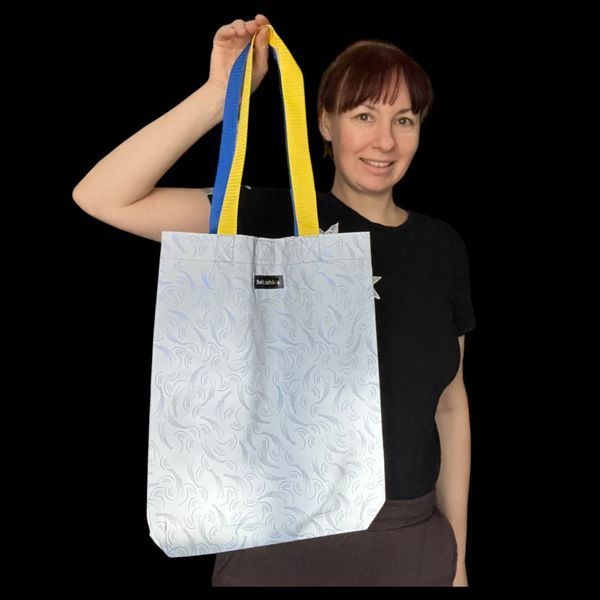 Svitashka reflective shopper bag "Blue feathers" with yellow-blue handles