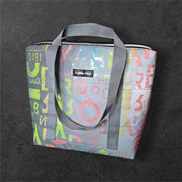 Shopper bag Svitashka reflective Neon letters gray handles with zipper