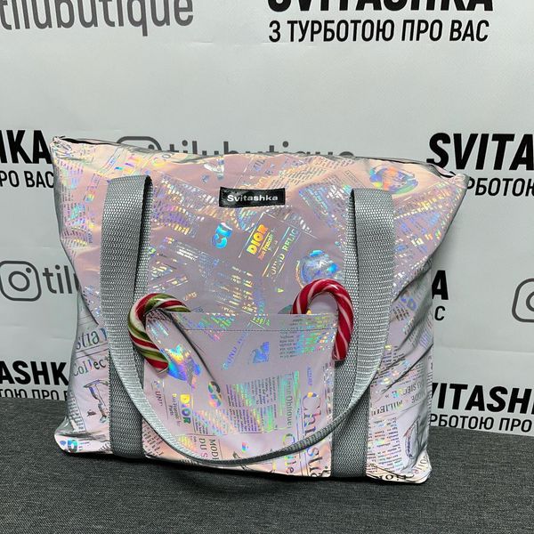 Women's reflective Svitashka shopper bag with zippered pockets. Gray handles