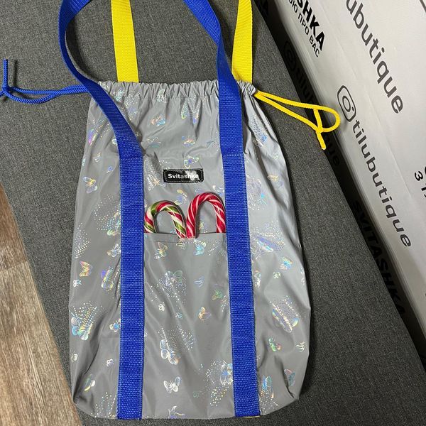 Світловідбиваюча сумка шоппер Світашка цукерочка з кишенями Метелики жовто-сині ручки 208 фото