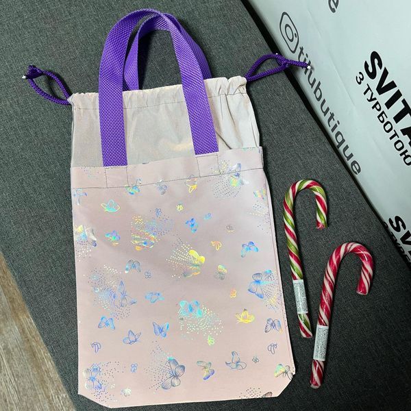 Светоотражающая сумка Svitashka mini на завязке Бабочки фиолетовые ручки 140 фото