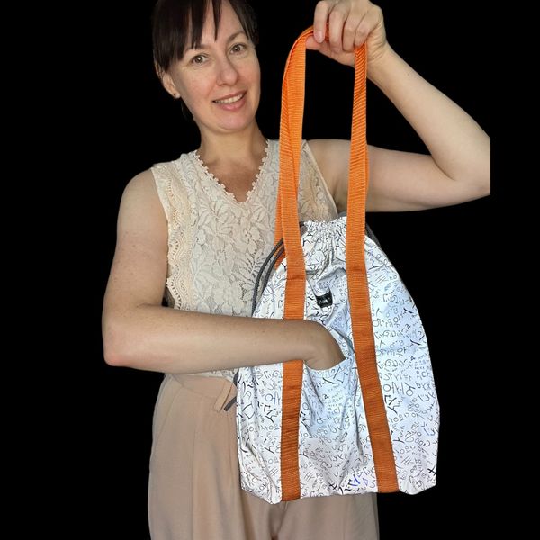 Reflective shopper bag Svitashka candy with pockets Blue letters orange handles