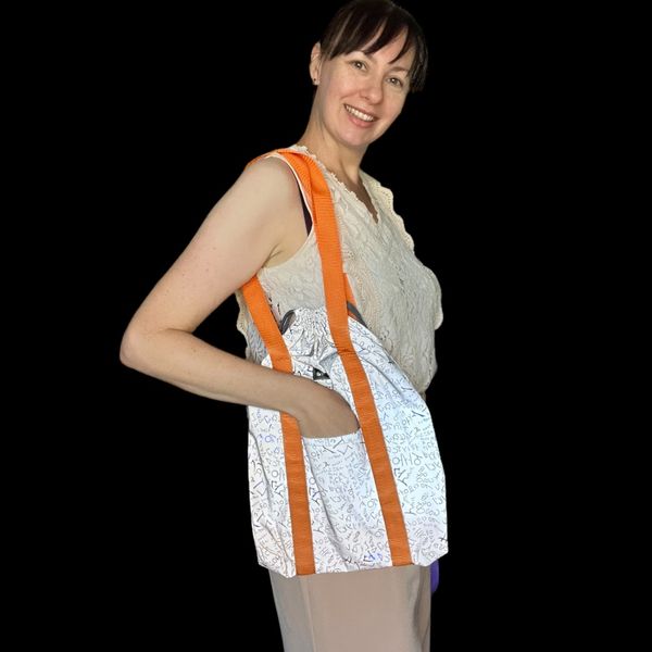 Reflective shopper bag Svitashka candy with pockets Blue letters orange handles