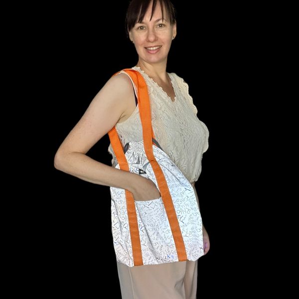 Reflective shopper bag Svitashka candy with pockets Blue letters orange handles