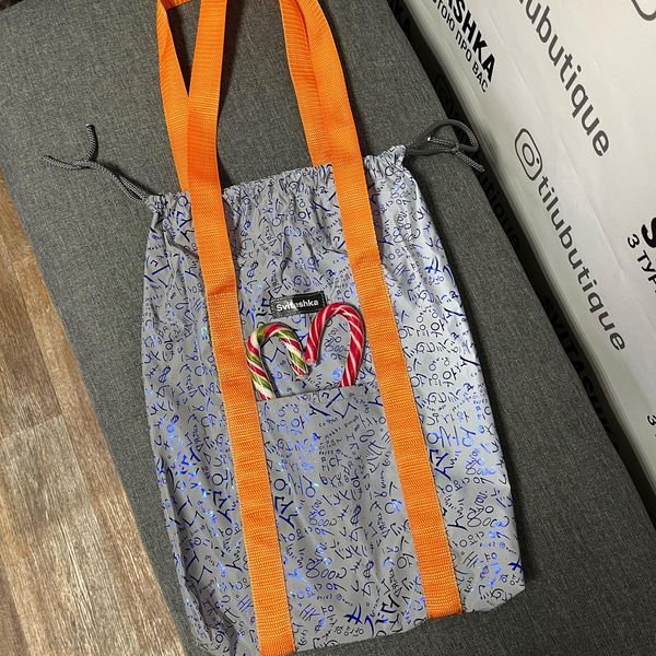 Reflective shopper bag Svitashka candy with pockets Blue letters orange handles