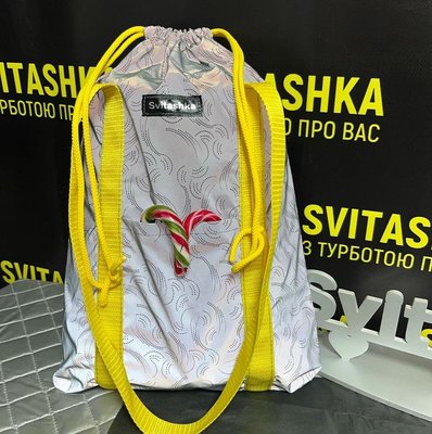 Світловідбиваюча сумка шоппер Світашка цукерочка з кишенями Чорні пір'їнки жовті ручки 211 фото