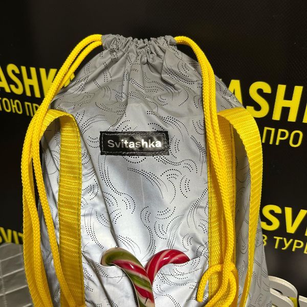 Світловідбиваюча сумка шоппер Світашка цукерочка з кишенями Чорні пір'їнки жовті ручки 211 фото