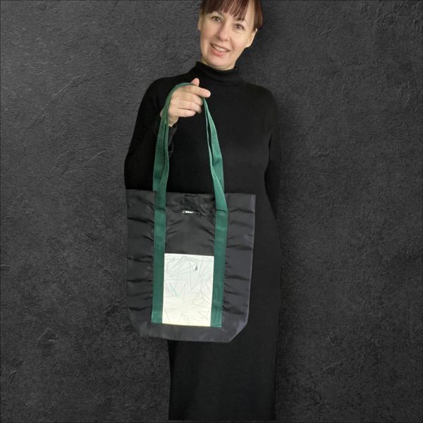 Black Shopper Bag with Reflective Pockets Abstraction Svitashka Oxford. Green Handles