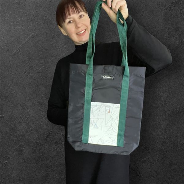 Black Shopper Bag with Reflective Pockets Abstraction Svitashka Oxford. Green Handles