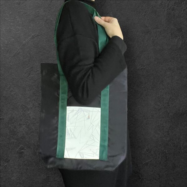 Black Shopper Bag with Reflective Pockets Abstraction Svitashka Oxford. Green Handles