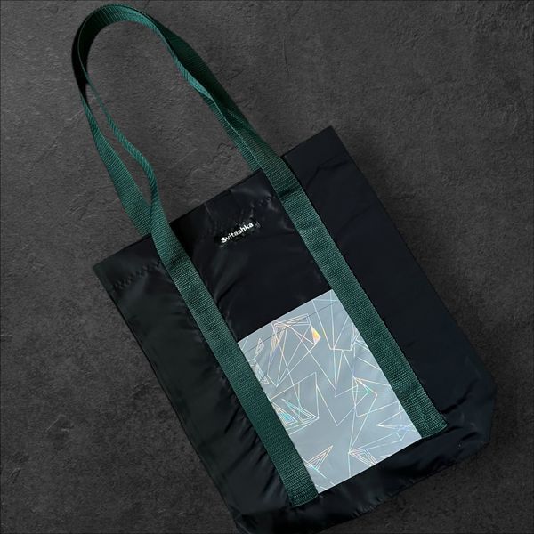 Black Shopper Bag with Reflective Pockets Abstraction Svitashka Oxford. Green Handles
