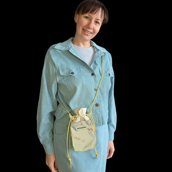 Handbag phone case with reflective pocket Non-renewable Unicorns Svitashka. Beige cotton. Pouch. Yellow laces