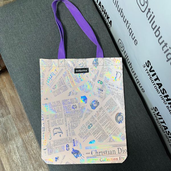 Svitashka reflective shopper bag Newspaper on the button purple handles