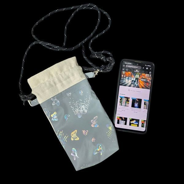 Handbag phone case with reflective pocket Butterfly Svitashka. Beige cotton. Pouch