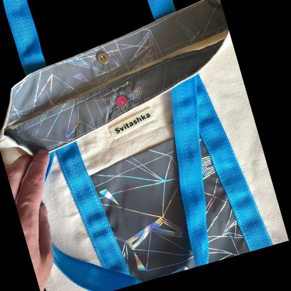 Svitashka cotton shopper bag | Reflective pockets | Magnetic closure Blue handles