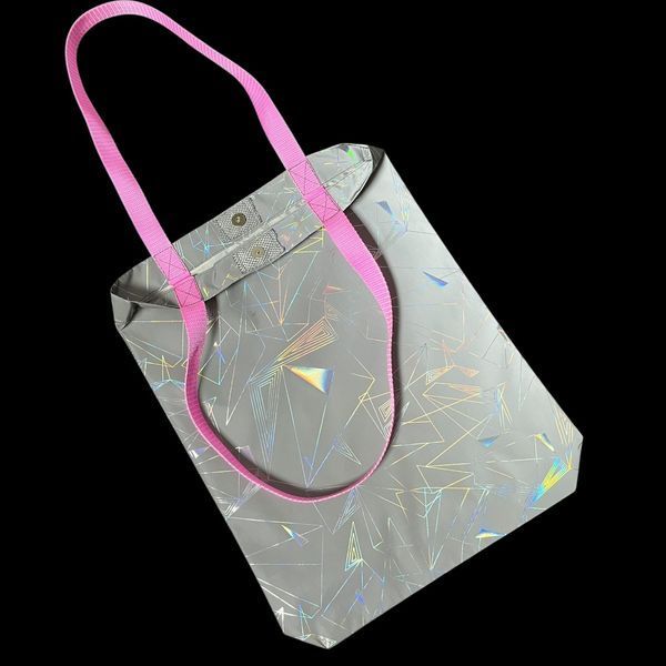 Reflective shopper bag Svitashka Abstraction on the button pink handles