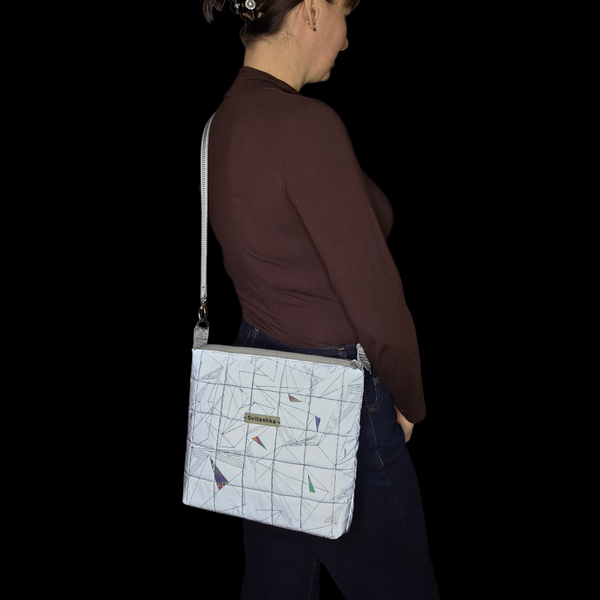 Quilted compact cross-body bag Svitashka Print Abstraction - reflective, feminine, with luminescent tag