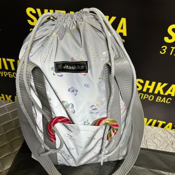 Светоотражающая сумка шоппер Svitashka Бабочка на завязках серые ручки Карманы 231 фото