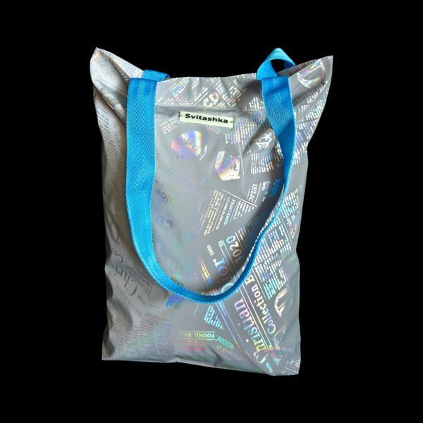 Reflective Svitashka Newspaper Shopper with Magnetic Button. Blue Handles