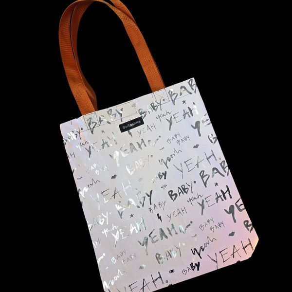 Svitashka reflective shopper bag with "Silver Babies" print, orange handles Reflective bag