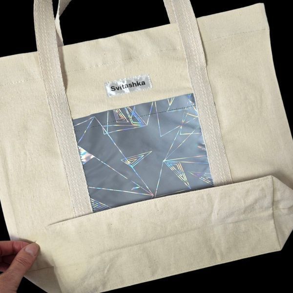 Cotton handbag Svitashka with reflective pockets Abstraction, compact, short handles 28 cm, 30&times;38&times;10 cm