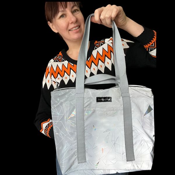 Women's Svitashka reflective shopper bag Abstraction with zippered pockets. Gray handles